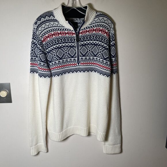 Obermeyer Men’s Quarter Zip Ski Sweater Wool Blend Beige Navy Red Fair Isle M - Picture 1 of 7